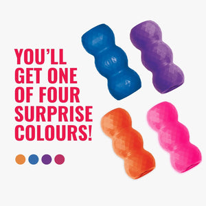 Four colorful dog toys with text indicating surprise color options on a white background at Pet Servo