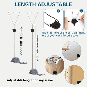 Cat toy with adjustable length and flexible cord, featuring a black cat-shaped toy and gray mouse toys at Pet Servo