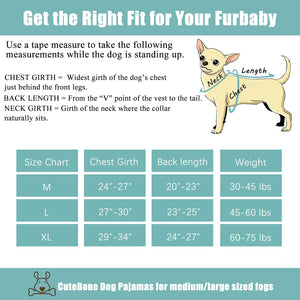 An informational fit chart for a dog jumper, showing a cartoon dog with measurement lines labeled neck, chest, and length, plus a size chart table for M, L, and XL with chest girth, back length, and weight ranges at Pet Servo