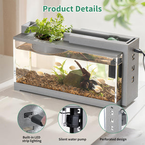 Small aquarium with built-in LED strip lighting, silent water pump, and perforated design on a light background.