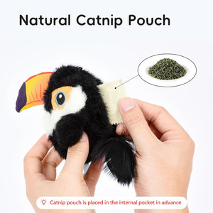 Plush toucan toy with a catnip pouch held by a hand, labeled 'Natural Catnip Pouch' at Pet Servo