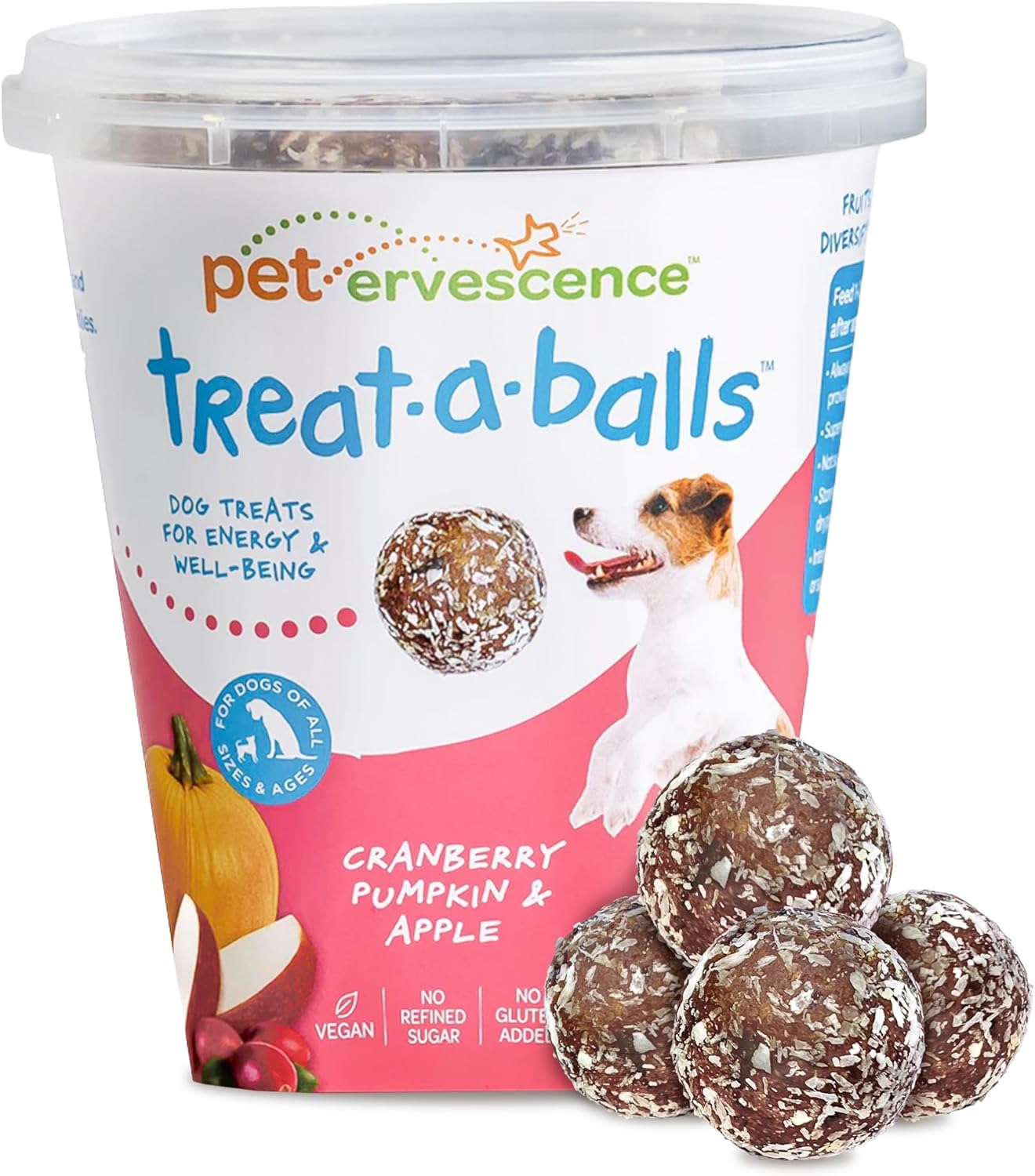 Petervescence Treat-a-Balls dog treats packaging with treats displayed at Pet Servo
