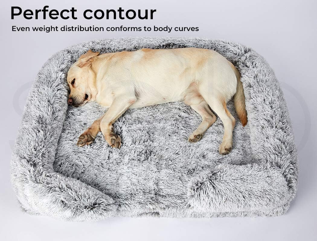 Dog lying on a fluffy gray pet bed with text about perfect contour and even weight distribution at Pet Servo