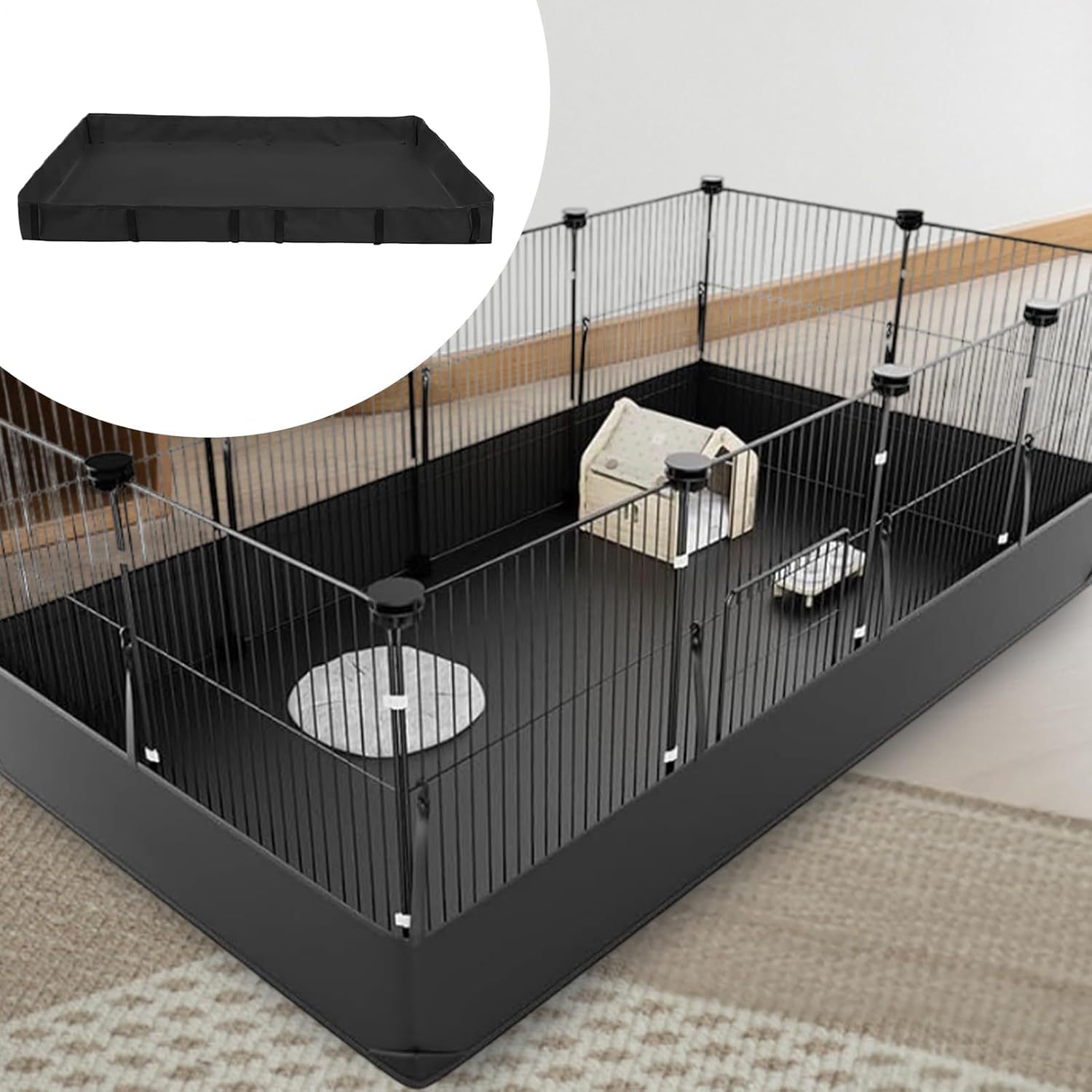 Large black pet playpen with multiple levels and accessories on a neutral background at Pet Servo