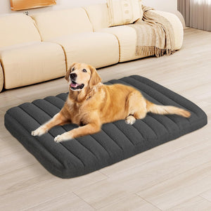 Dog lying on a gray pet bed in a living room at Pet Servo