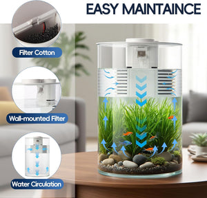 Glass aquarium with water circulation system on a table, featuring filter cotton, wall-mounted filter, and easy maintenance text.