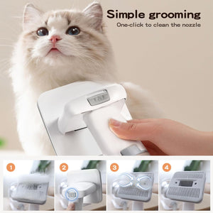 Cat using a grooming tool with text 'Simple grooming' and 'One-click to clean the nozzle' at Pet Servo