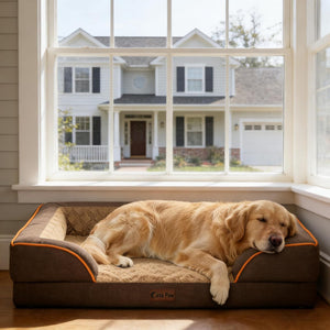 Dog lying on a large brown pet bed by a window with a view of a house at Pet Servo