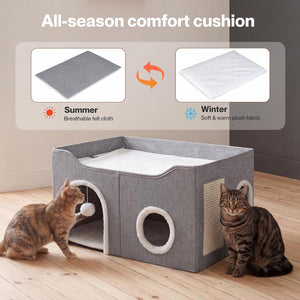 Pawz Large Enclosed Bed with Scratch Pad House for Indoor Cats, Grey at Pet Servo