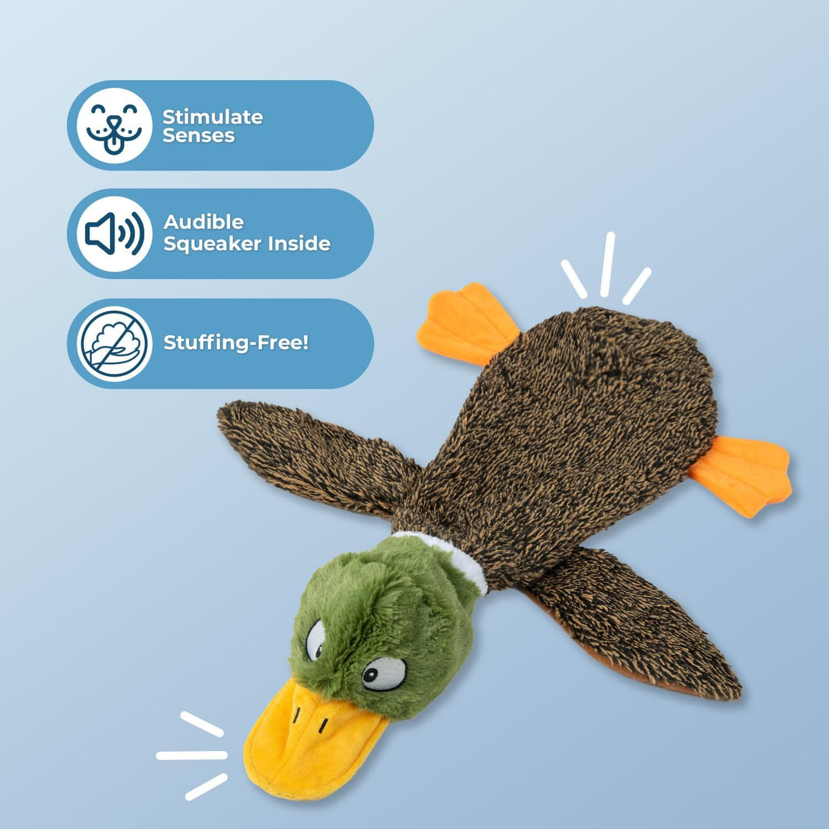 Plush toy resembling a duck with features highlighted on a blue background at Pet Servo