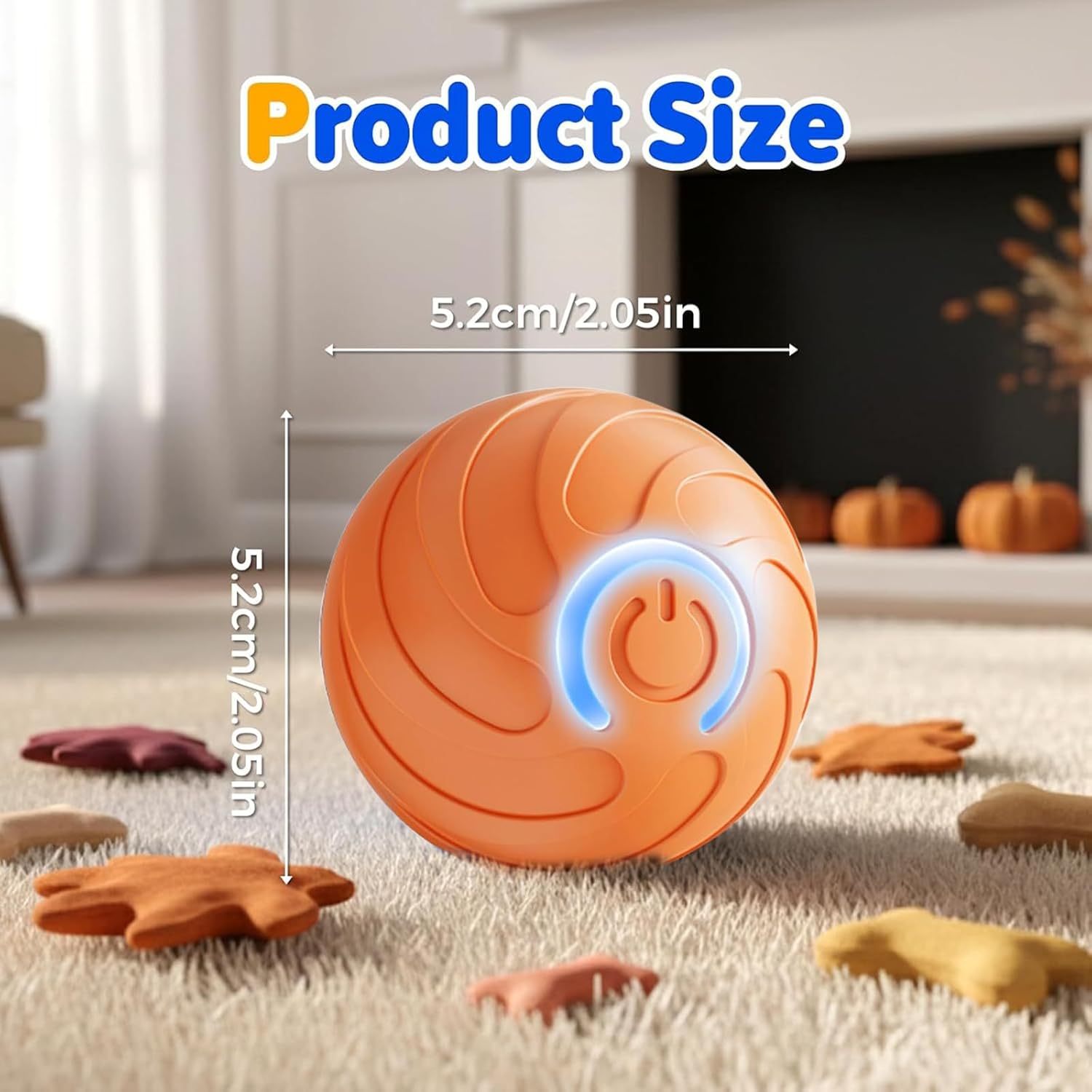 Orange toy with power symbol on a carpeted floor, showing product size measurements at Pet Servo