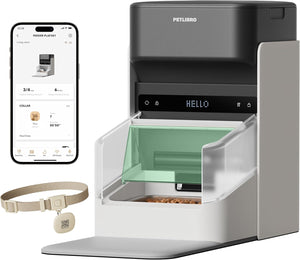 Petlibro smart pet feeder with smartphone app and collar on a white background at Pet Servo