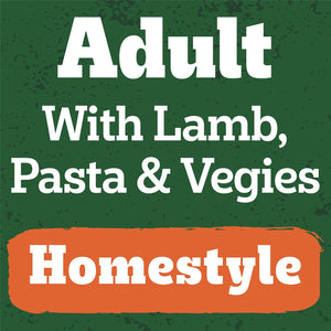 Text on a green background with 'Adult With Lamb, Pasta & Veggies Homestyle' written in white and orange.