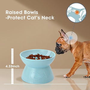 Pet bowl with raised design to protect a cat's neck, featuring a dog and text on a beige background at Pet Servo