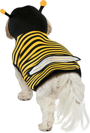 Dog wearing a bee costume with black and yellow stripes on a white background at Pet Servo