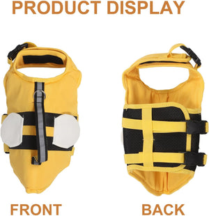 Yellow dog life jacket shown from front and back on a white background at Pet Servo