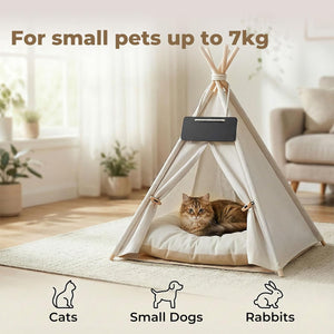 Pet teepee for small pets up to 7kg with a cat inside in a living room setting at Pet Servo