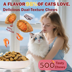 Woman holding a cat with cat food and text about flavor and quantity of chews at Pet Servo