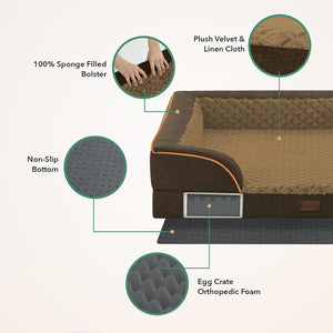 A pet bed shown on a light beige background with callout circles and text highlighting features: a 100% sponge filled bolster, plush velvet and linen cloth fabric, non-slip bottom, and egg crate orthopedic foam at Pet Servo