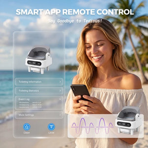 A woman on a beach holds a smartphone showing a smart app remote control interface with small toilet cleaning devices and app screens. Text reads 'SMART APP REMOTE CONTROL' and 'Say Goodbye to Tedium!' at Pet Servo