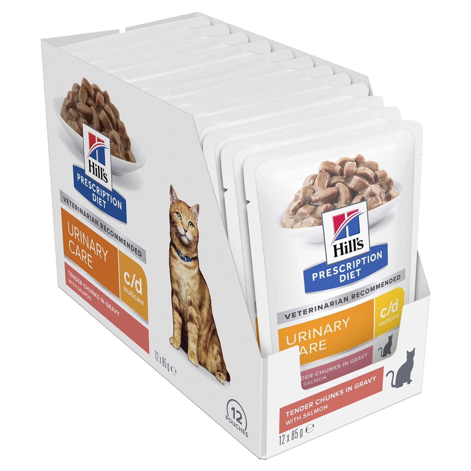 Box of Hills Prescription Diet urinary care cat food packets on a white background