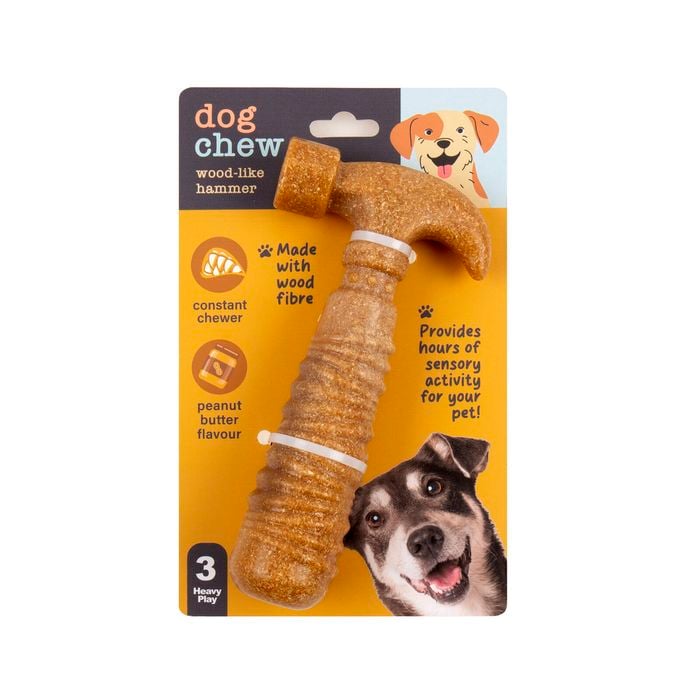 Dog chew toy packaging with a hammer-shaped design on an orange background at Pet Servo
