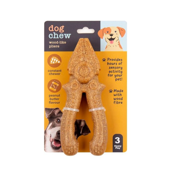 Dog chew toy with packaging featuring a yellow background and text at Pet Servo