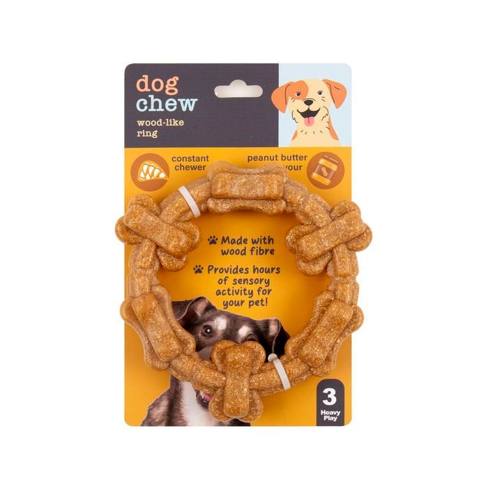 Dog chew wood-like ring packaging with a dog on a white background at Pet Servo