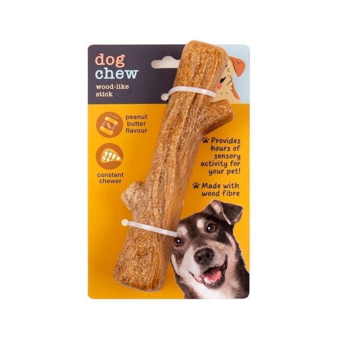 Dog chew wood-like stick packaging with a dog on a yellow background at Pet Servo