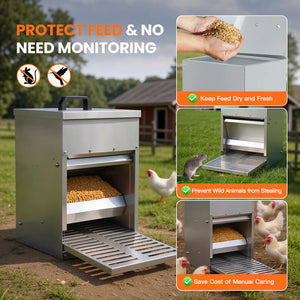 Feeder for animals with text highlighting features like protecting feed, no need for monitoring, keeping feed dry and fresh, preventing wild animals from stealing, and saving cost of manual caring.