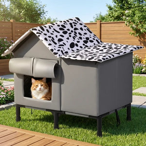 A gray elevated cat house with a black-and-white cow-print roof, shown outdoors on a lawn with a ginger cat sitting inside. A roll-up door is open on the left, and a wooden fence and garden are in the background at Pet Servo