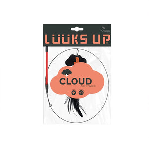 Cloud Cat Teaser fishing lure by Looks Up, packaged in a clear plastic bag with a black header card. The product features a peach-colored cloud-shaped lure with black text and a black-and-orange cat hat, attached to a black and red feathered line at Pet Servo