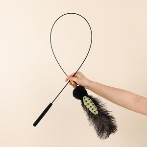 A hand holding a black wand-style pet toy with a long-looped handle, black pom-pom, and a black-and-cream feather tassel against a plain beige wall at Pet Servo
