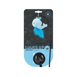 A packaged pet toy set labeled 'LUCKS UP BOUNCE TEASER' on a white background. The product includes a plush whale toy in light blue and bright blue feather, attached to a black circular ring and held by a black stick at Pet Servo