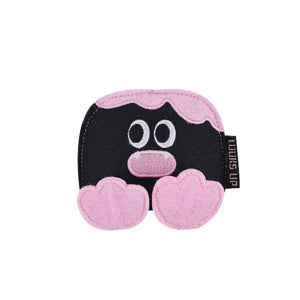 A black felt character pouch with pink felt accents, featuring embroidered eyes, a pink mouth, and two pink heart-shaped feet. A black fabric tag on the side reads 'TEETH UP' at Pet Servo