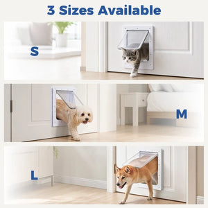 Three-panel promotional graphic showing a pet door in three sizes labeled S, M, and L, with a cat, small dog, and larger dog walking through the transparent door in indoor home settings. Text at the top reads '3 Sizes Available' at Pet Servo