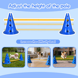 Dog agility training equipment with blue cones and a yellow pole on a light blue background.