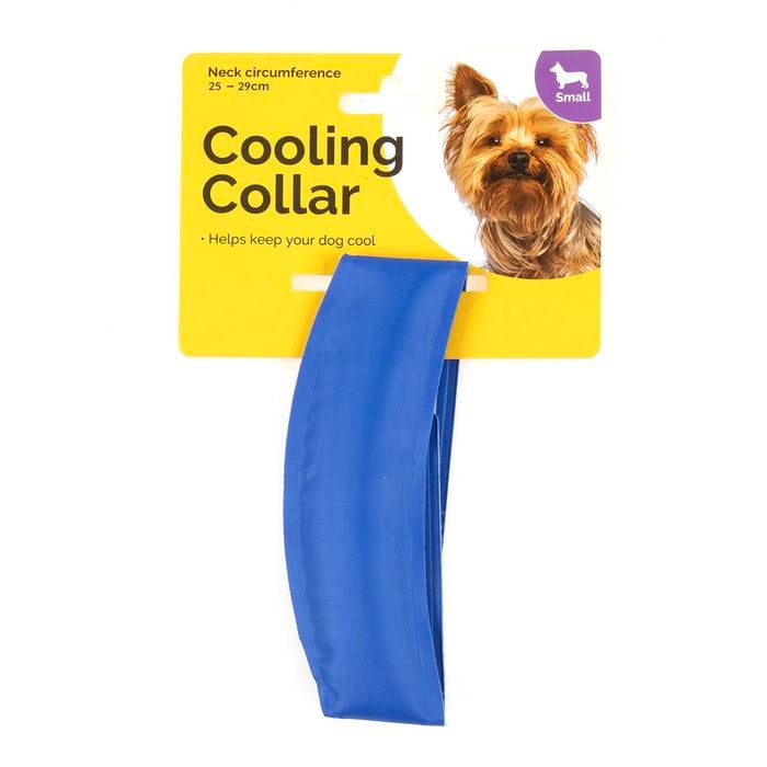 Blue cooling collar with packaging featuring a dog and text on a white background at Pet Servo