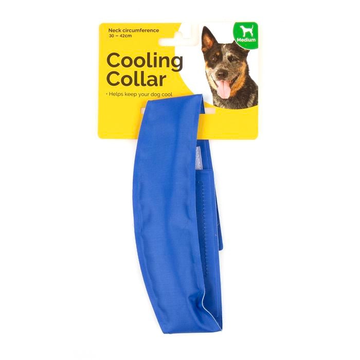 Blue cooling collar with packaging featuring a dog on a white background at Pet Servo