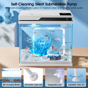 Aquarium with a self-cleaning silent submersible pump and various features highlighted.