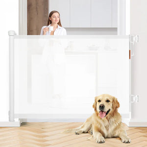 Woman standing behind a white pet gate with a dog sitting on the floor at Pet Servo