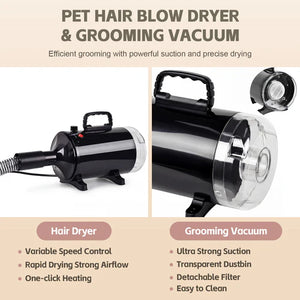 Pet hair blow dryer and grooming vacuum with features highlighted on a beige background at Pet Servo
