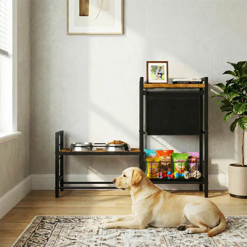 Dog sitting on a rug in a room with a pet food station and plant at Pet Servo