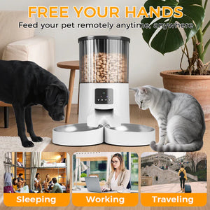Pet feeder with a dog and cat, and lifestyle images of people at work and home at Pet Servo