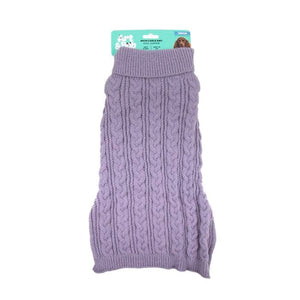 Purple dog sweater on a white background with a brand label.