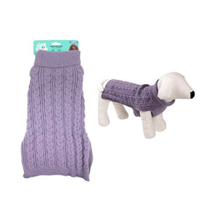 Purple knitted dog sweater on a white background