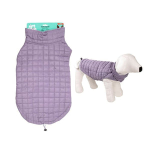 Purple quilted dog coat with a dog model wearing it on a white background