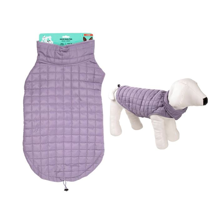 Purple quilted dog coat with a dog model wearing it on a white background