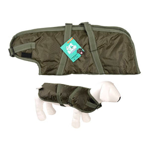 Green dog coat with a tag on a white background at Pet Servo