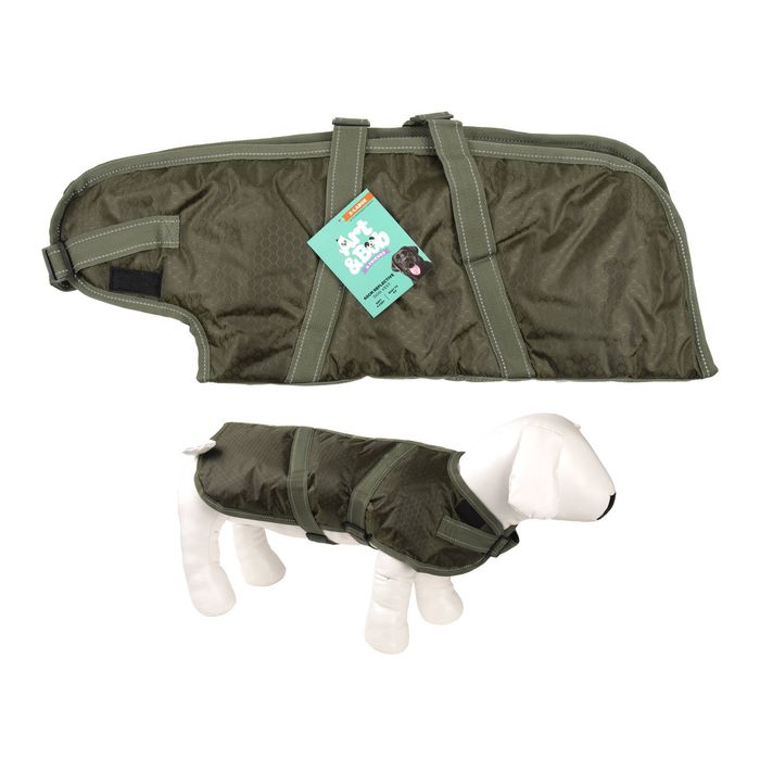 Green dog coat with a tag on a white background at Pet Servo
